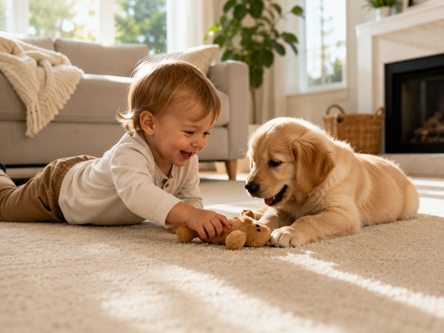 Enfant et animal de compagnie sur un tapis propre
