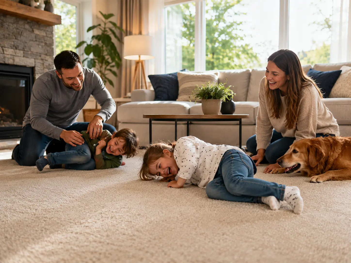 Famille profitant d'un tapis fraîchement nettoyé