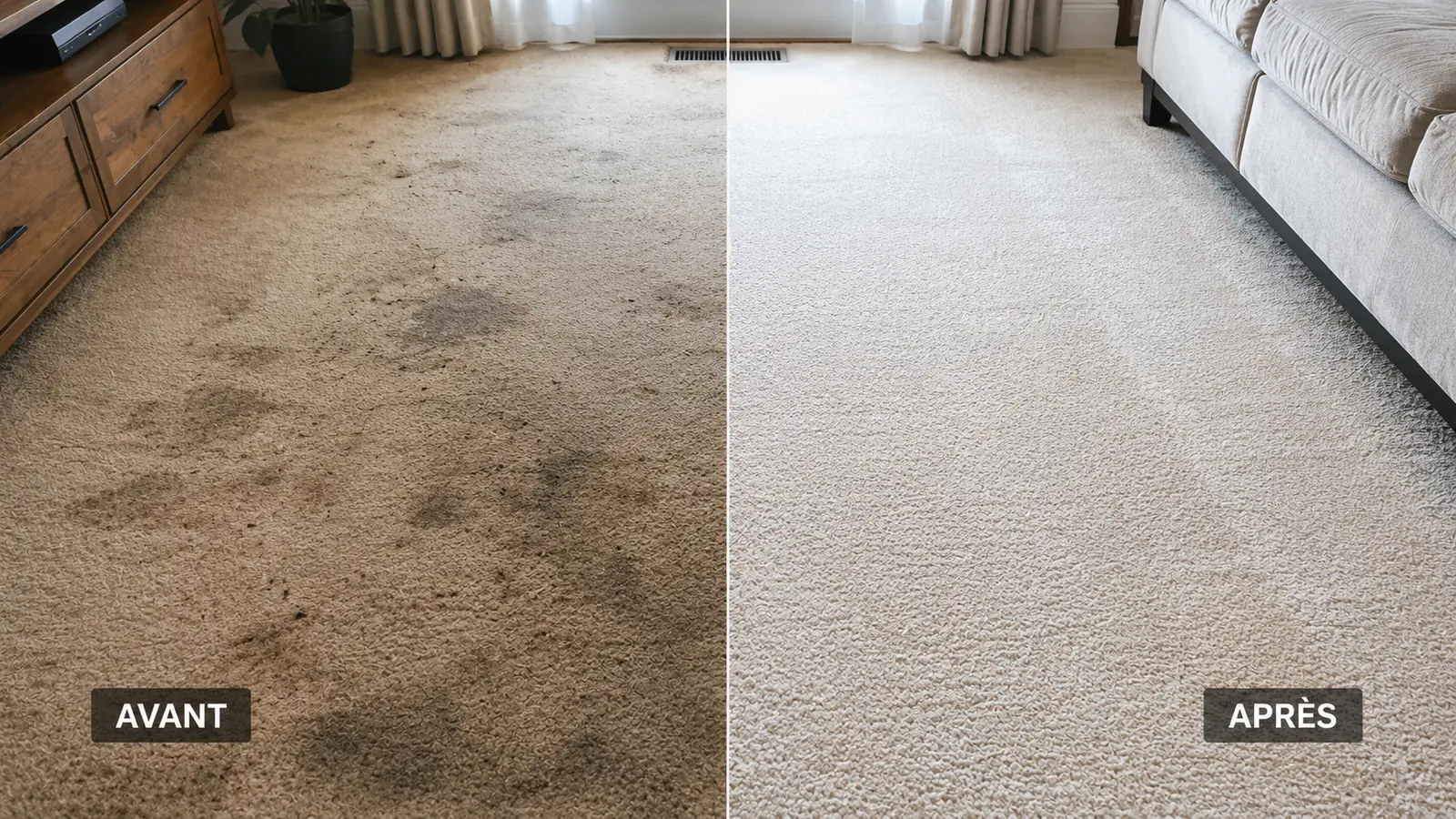 Salon québécois avec tapis fraîchement nettoyé